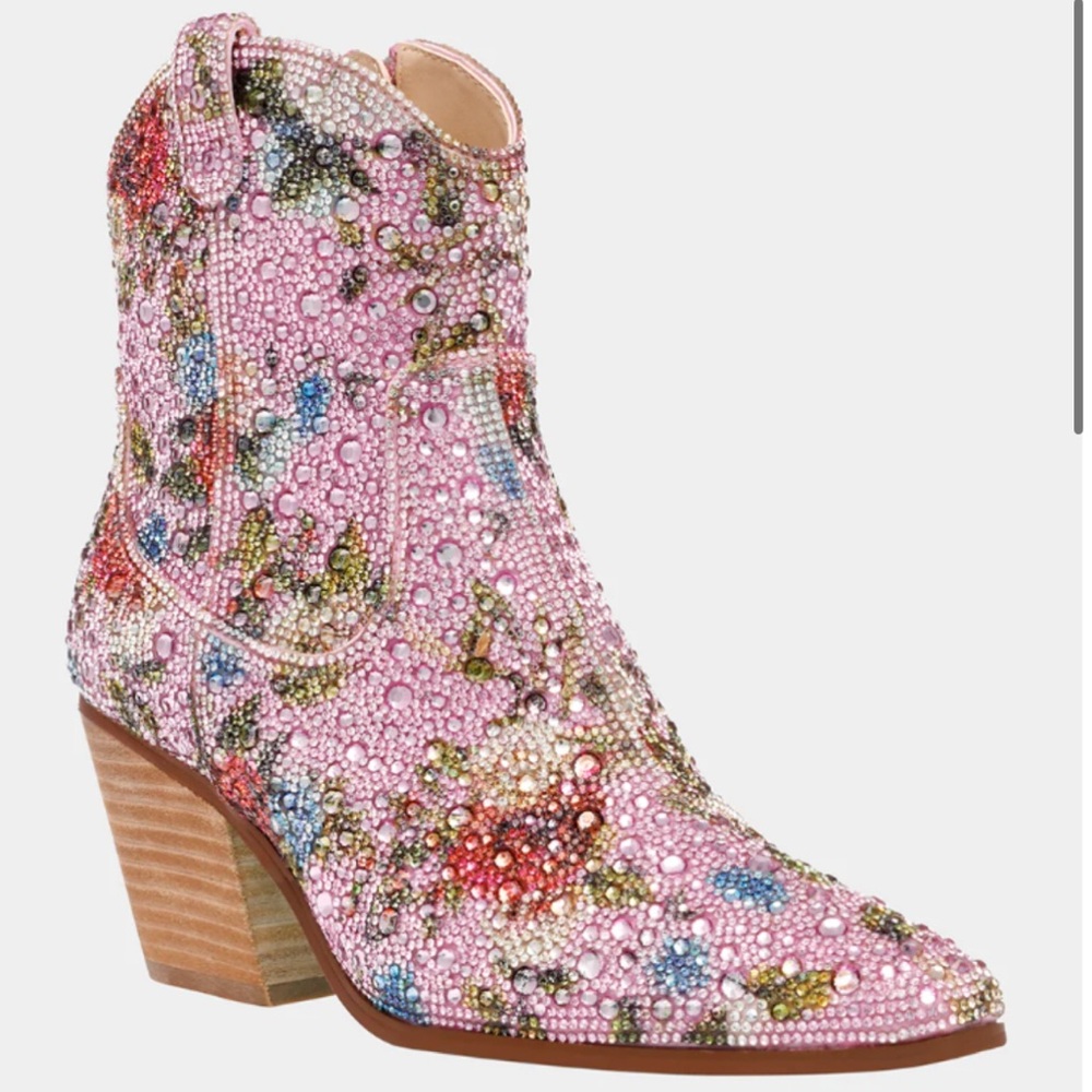 Betsey Johnson Diva F Cowboy Rhinestone Ankle Boots Booties, 8.5, Pink Floral